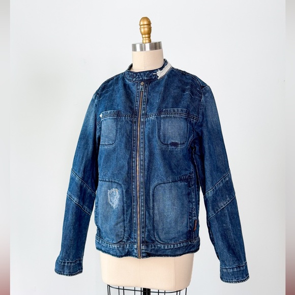 OMM Blue Denim Distressed Patchwork Jean Moto Utilitarian Jacket Workwear Biker